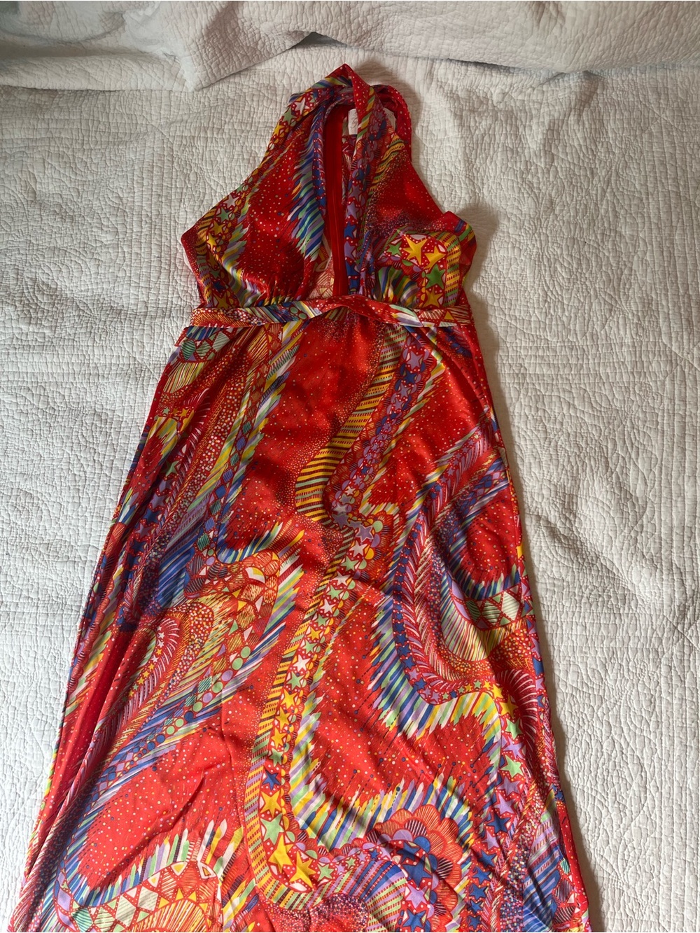 Vintage Red Halter Maxi loungewear with Multicolor Abstract Print size small - Picture 3 of 8